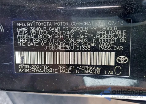 2013 Toyota Corolla Base из США, поврежденный, VIN JTDBU4EE3DJ121338